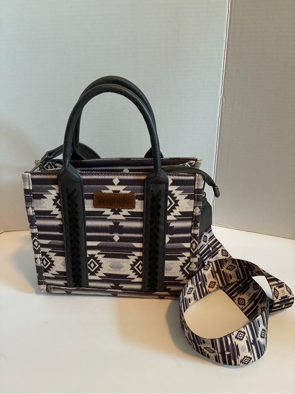 Wrangler Black & Cream Aztec-Pattern Satchel with Removable Strap